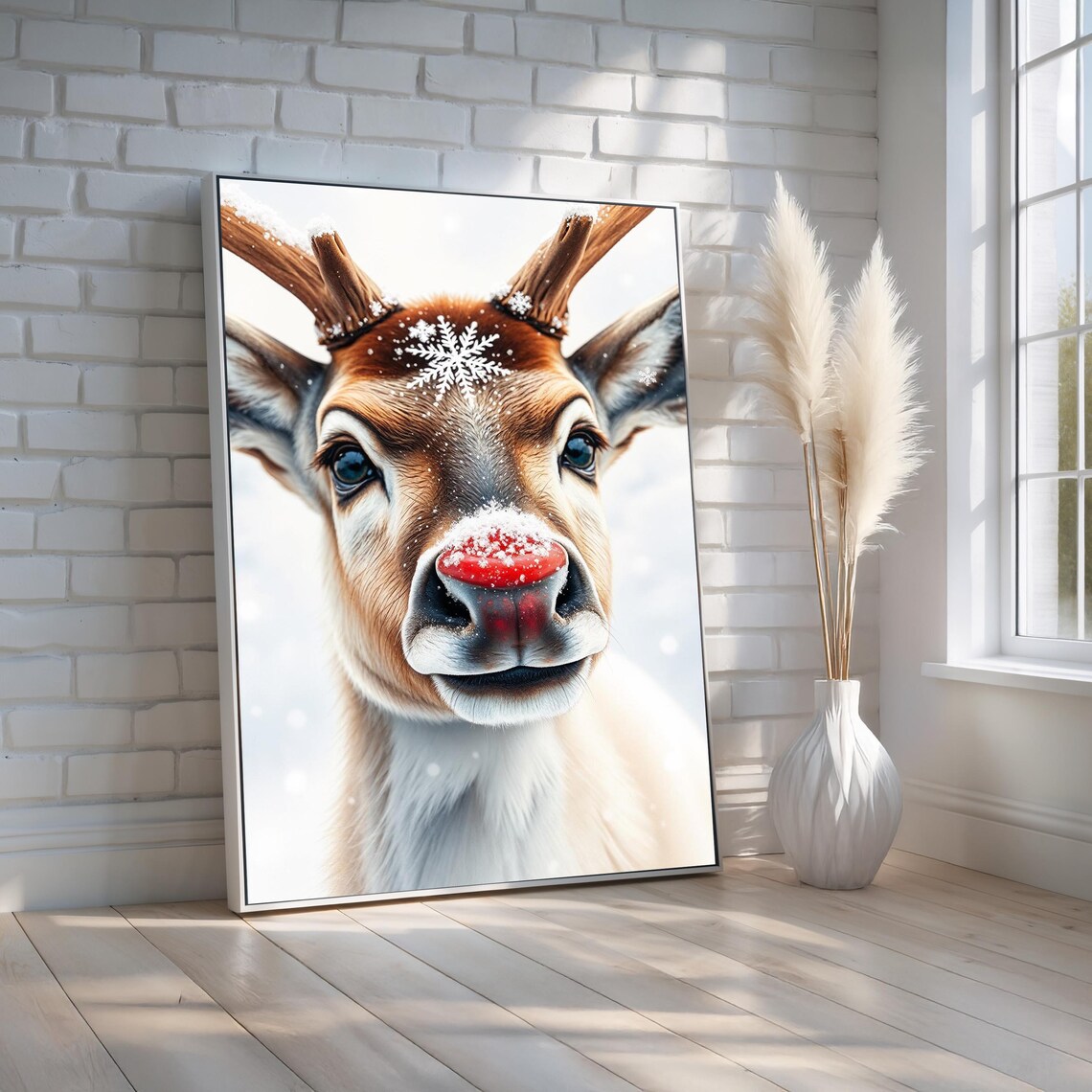 Red Nosed Reindeer Snowy Christmas Holiday Cute Winter Poster
