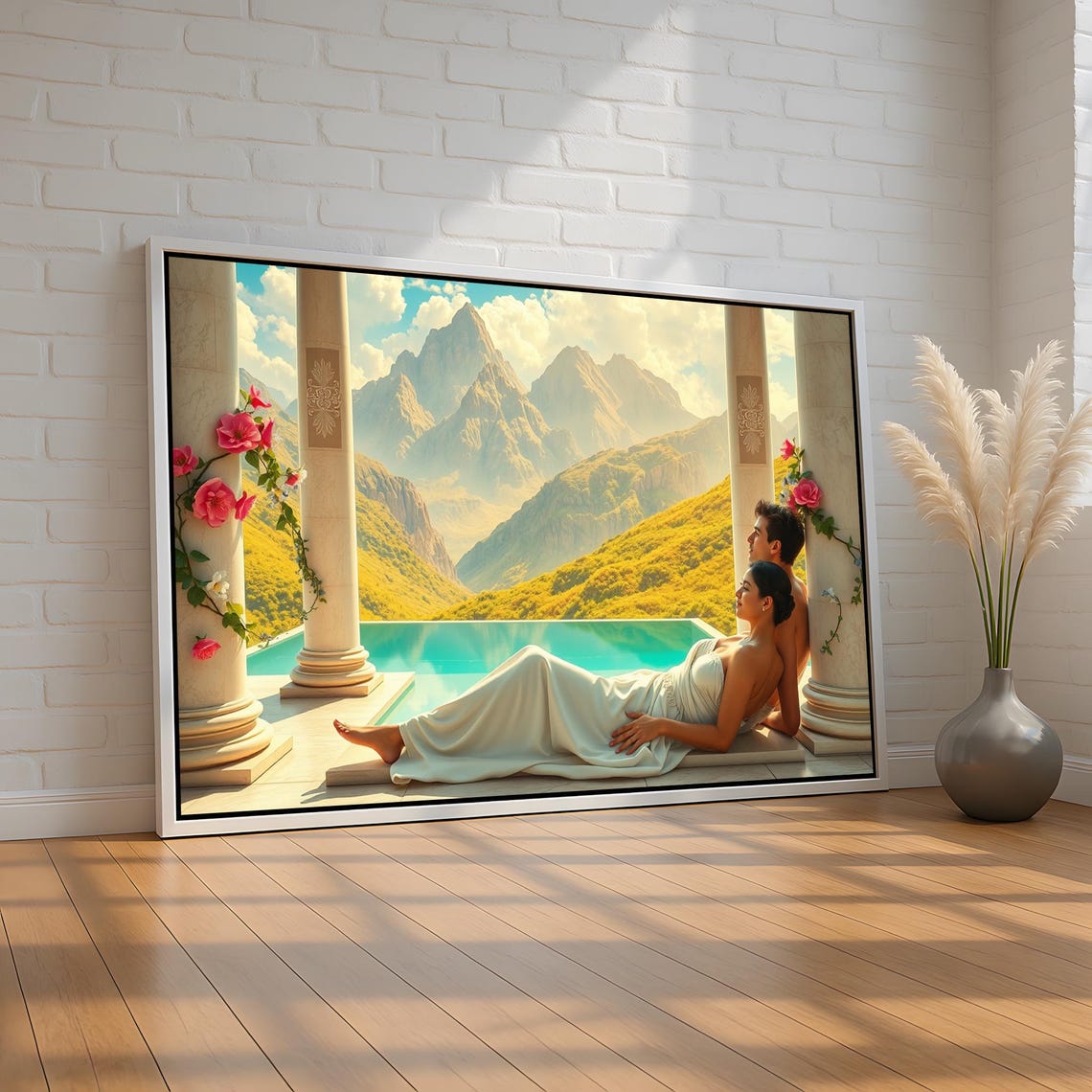 Romantic Couple Luxury Poolside Terrace Mountain View Art Poster