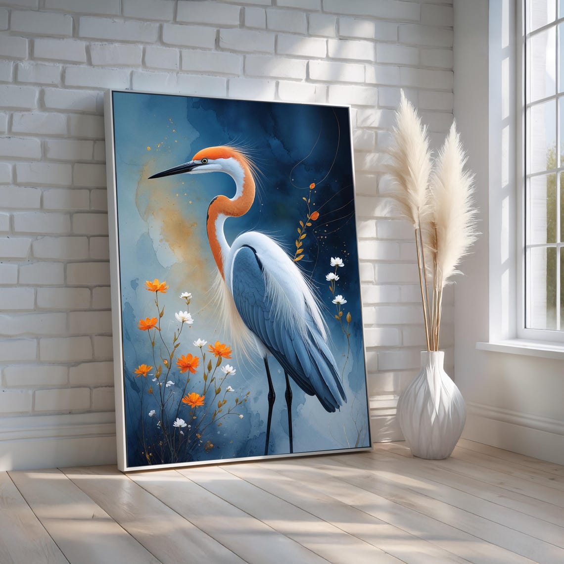 Elegant Crane Bird Blue and Orange Floral Watercolor Wall Art