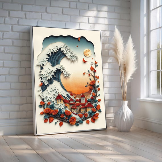 Surreal Wave And Village Wall Art Canvas Papercut Style Landscape With Moon Autumn Flowers Whimsical Nature Decor Ready To Hang