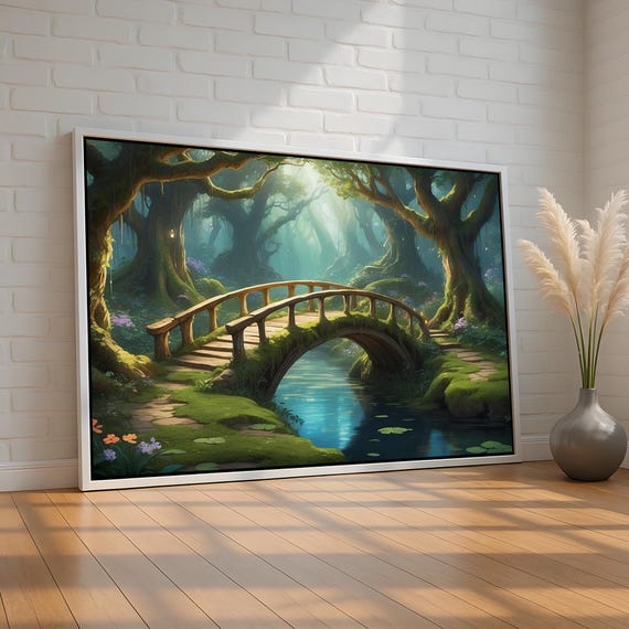 Enchanted Forest Bridge Wall Art Fantasy Landscape Canvas Or Poster Magical Nature Decor For Home Bedroom Gifts Ready To Hang