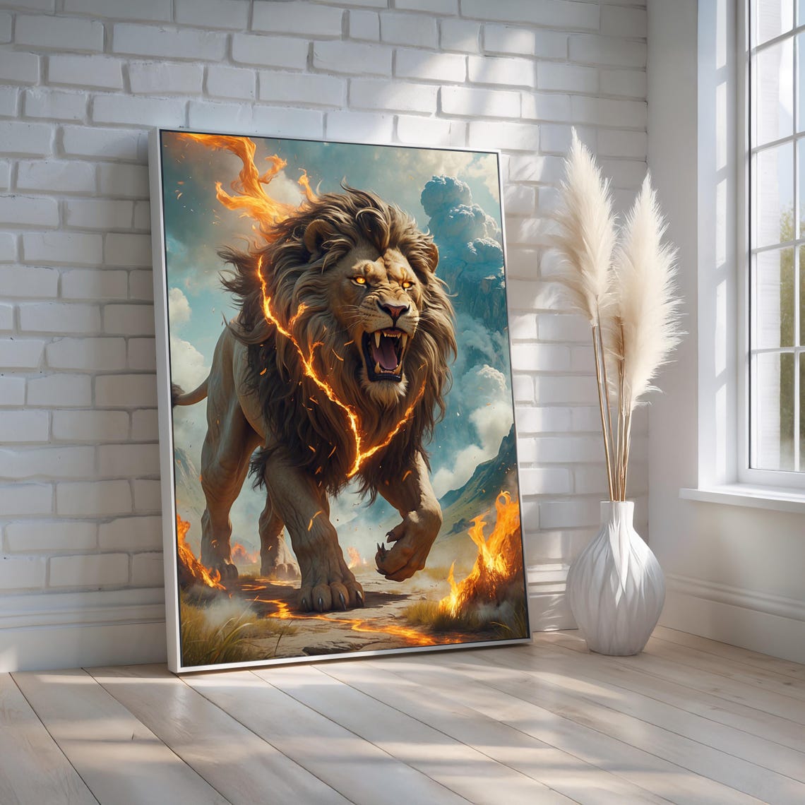 Fiery Lion Fantasy Flame Mane Bold King of the Jungle Poster
