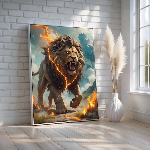 Fiery Roaring Lion Art Powerful Fantasy Canvas Poster Bold Wild Animal Wall Decor For Home Or Office Ready To Hang