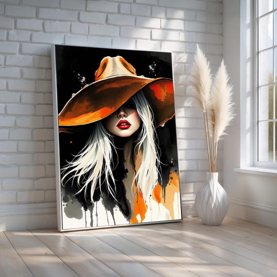 Rodeo Cowgirl Watercolor Wall Art Bold Western Woman Portrait With Hat Modern Rustic Decor For Home Salon Or Style Space