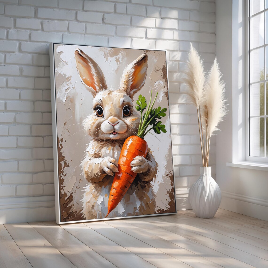 Cute Bunny Holding Giant Carrot Textured Oil Painting Nursery Art Print