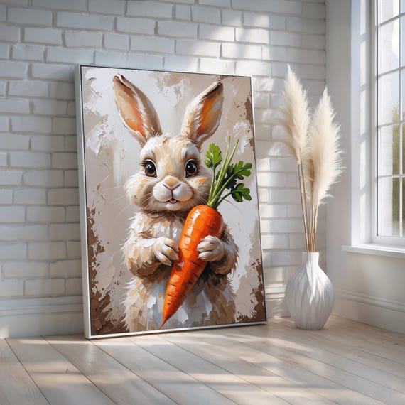 Cute Bunny Wall Art Whimsical Rabbit Holding Carrot Animal Nursery Canvas Print For Kids Room Or Baby Shower Gift Ready To Hang