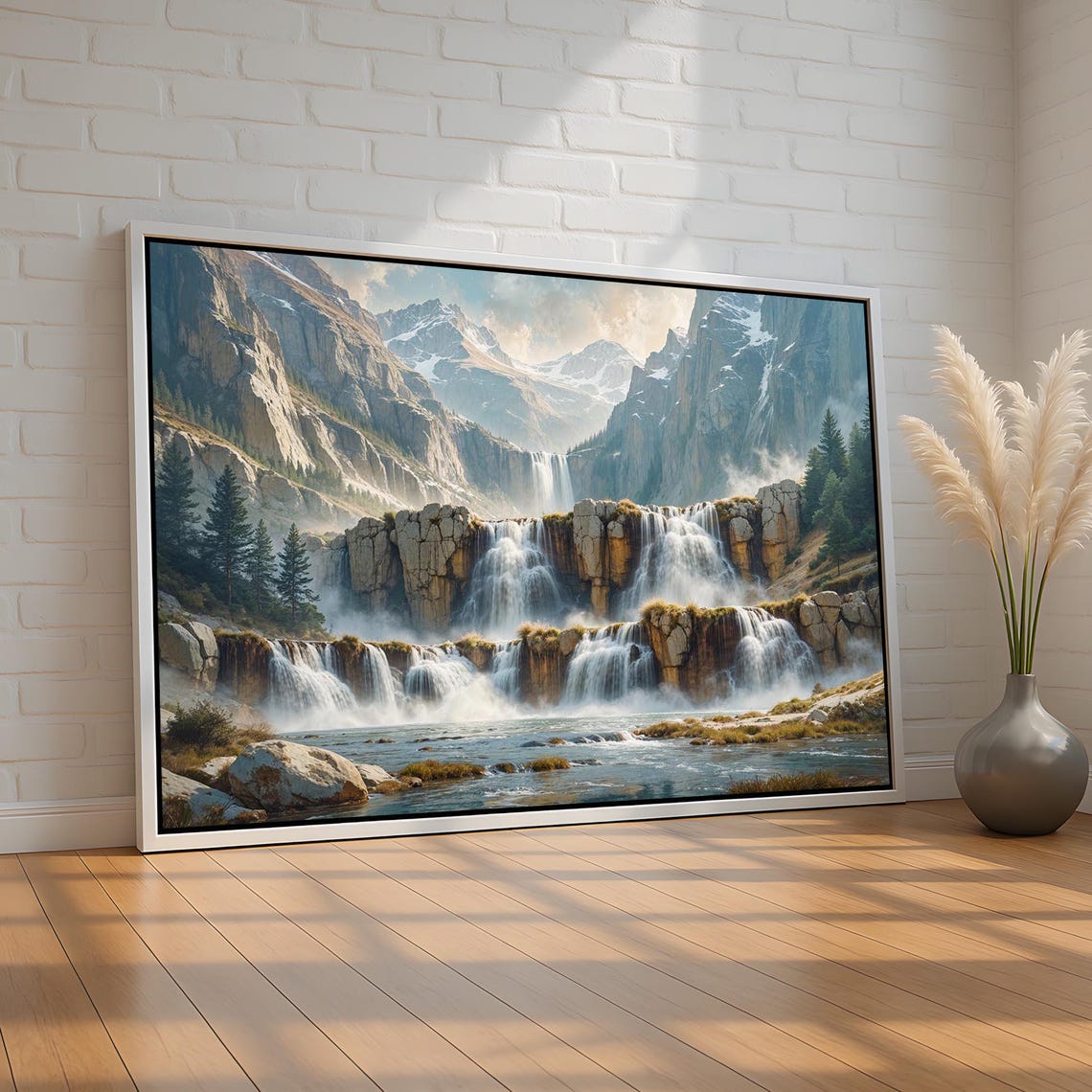 Majestic Tiered Mountain Waterfall Alpine Falls Landscape Poster