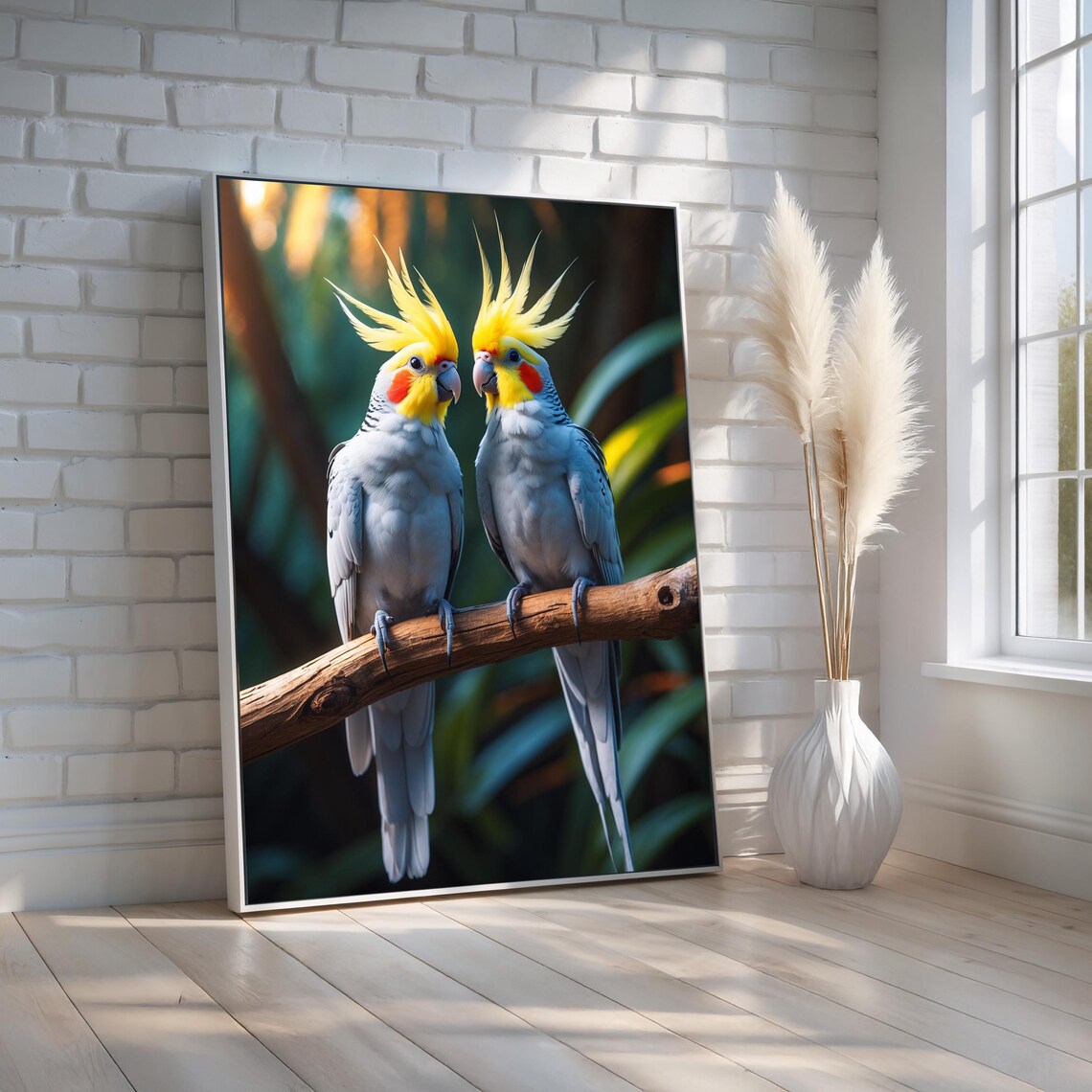 Cockatiel Parrot Couple on Branch Colorful Tropical Bird Art Poster