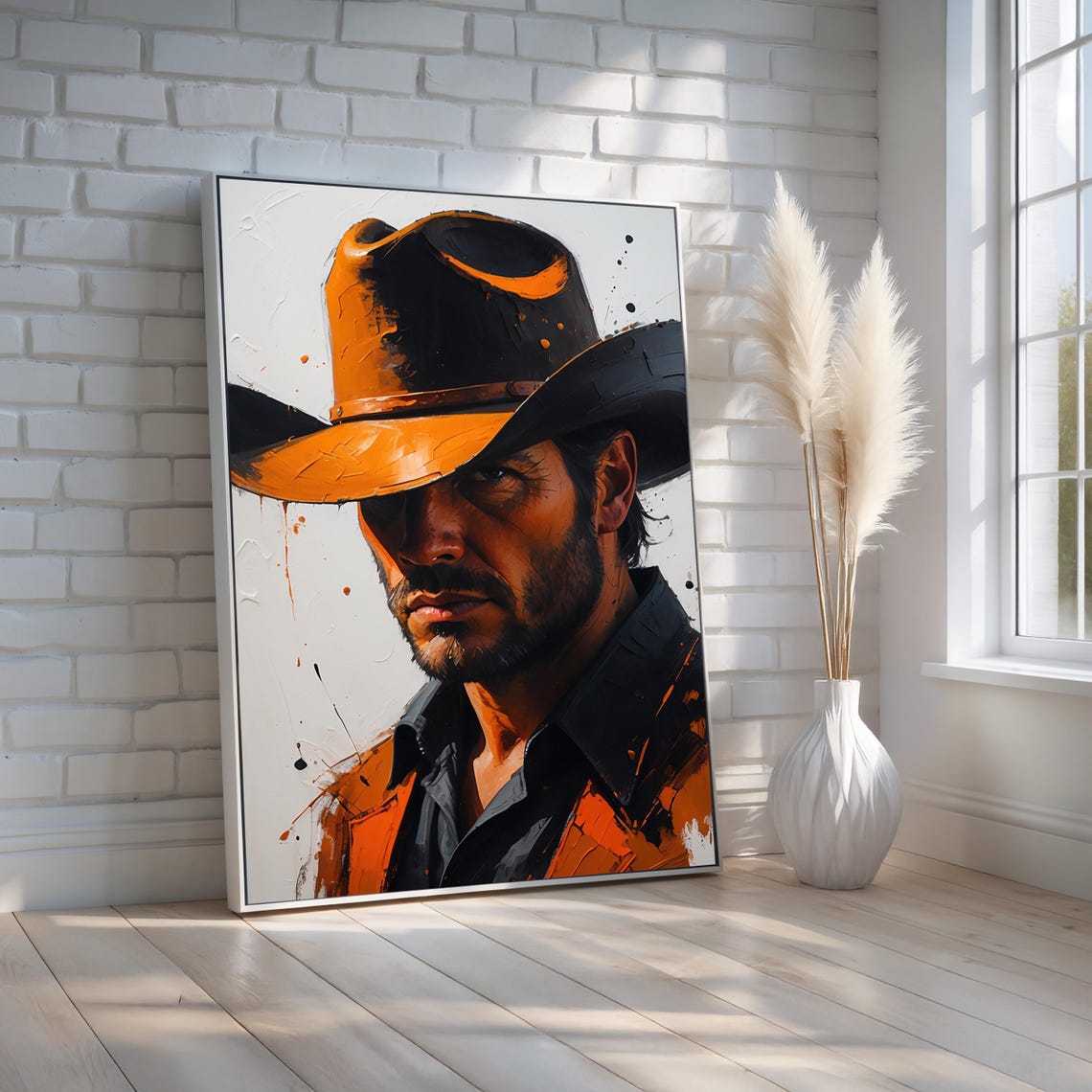 Orange Hat Cowboy Moody Western Oil Style Portrait Wall Poster