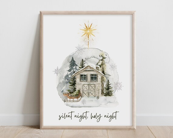Silent Night Holy Night Watercolor Barn Snow Sleigh Christmas Print