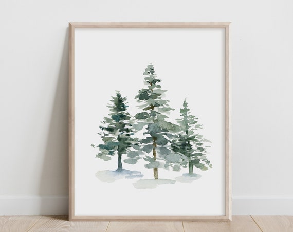 Watercolor Trees Nature Inspired Gift Winter Landscape Home Decor Evergreen Pine Fir Artwork Emerald Green Poster Large