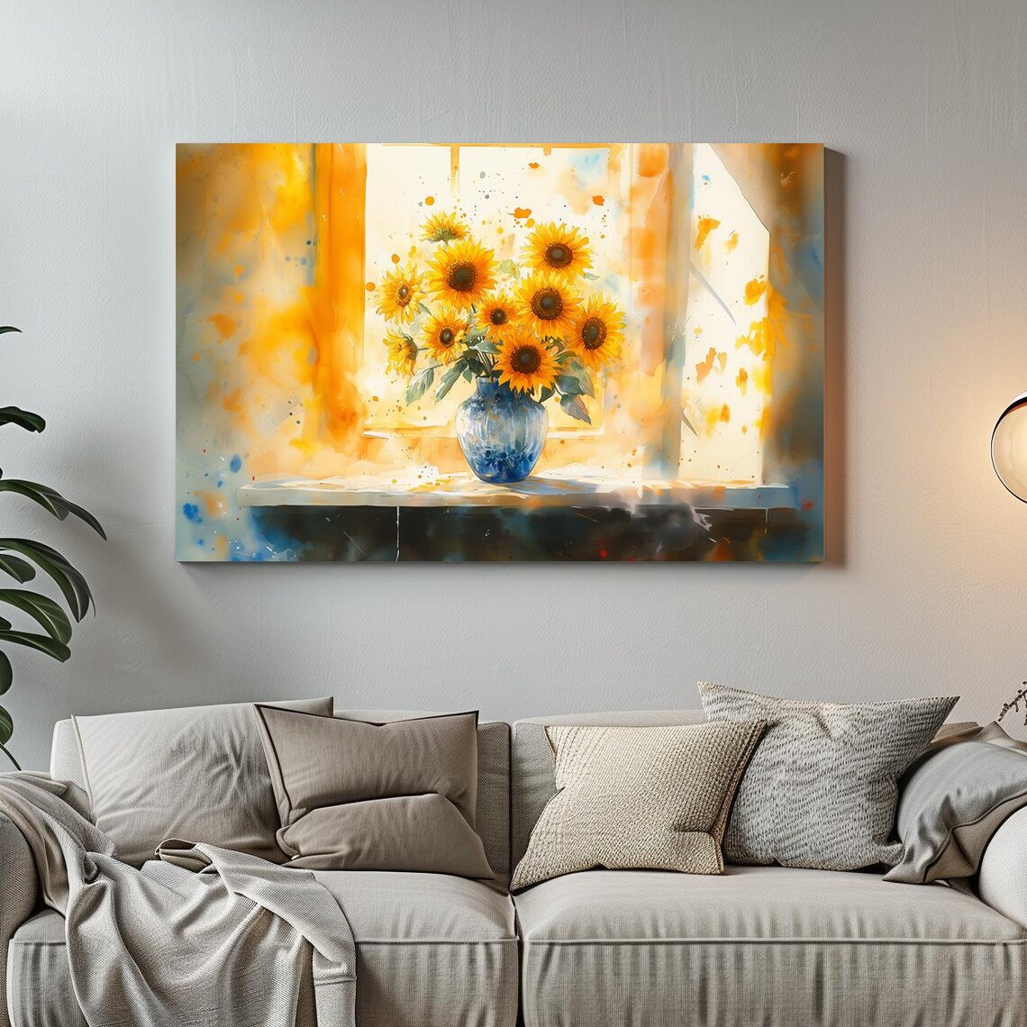 Bright Sunflower Bouquet in Blue Glass Vase Watercolor Art Poster
