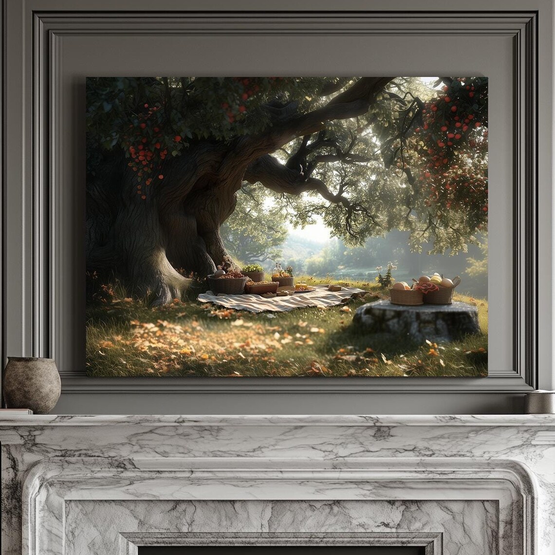 Rustic Picnic Spread Under Old Tree With Baskets In Dappled Sunlight Wall Art