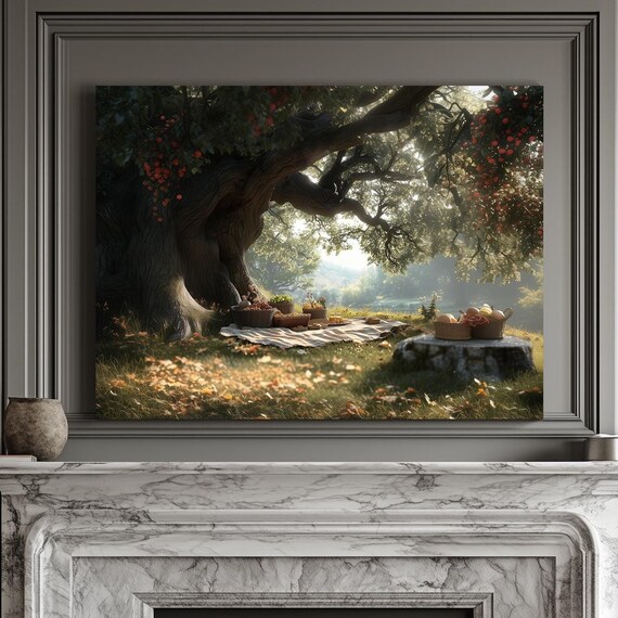 Rustic Picnic Spread Under Old Tree With Baskets In Dappled Sunlight Wall Art