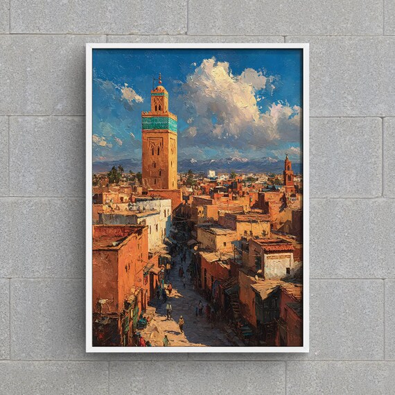 Marrakesh Koutoubia Mosque Art Impressionist Morocco Cityscape Painting North African Travel Wall Decor