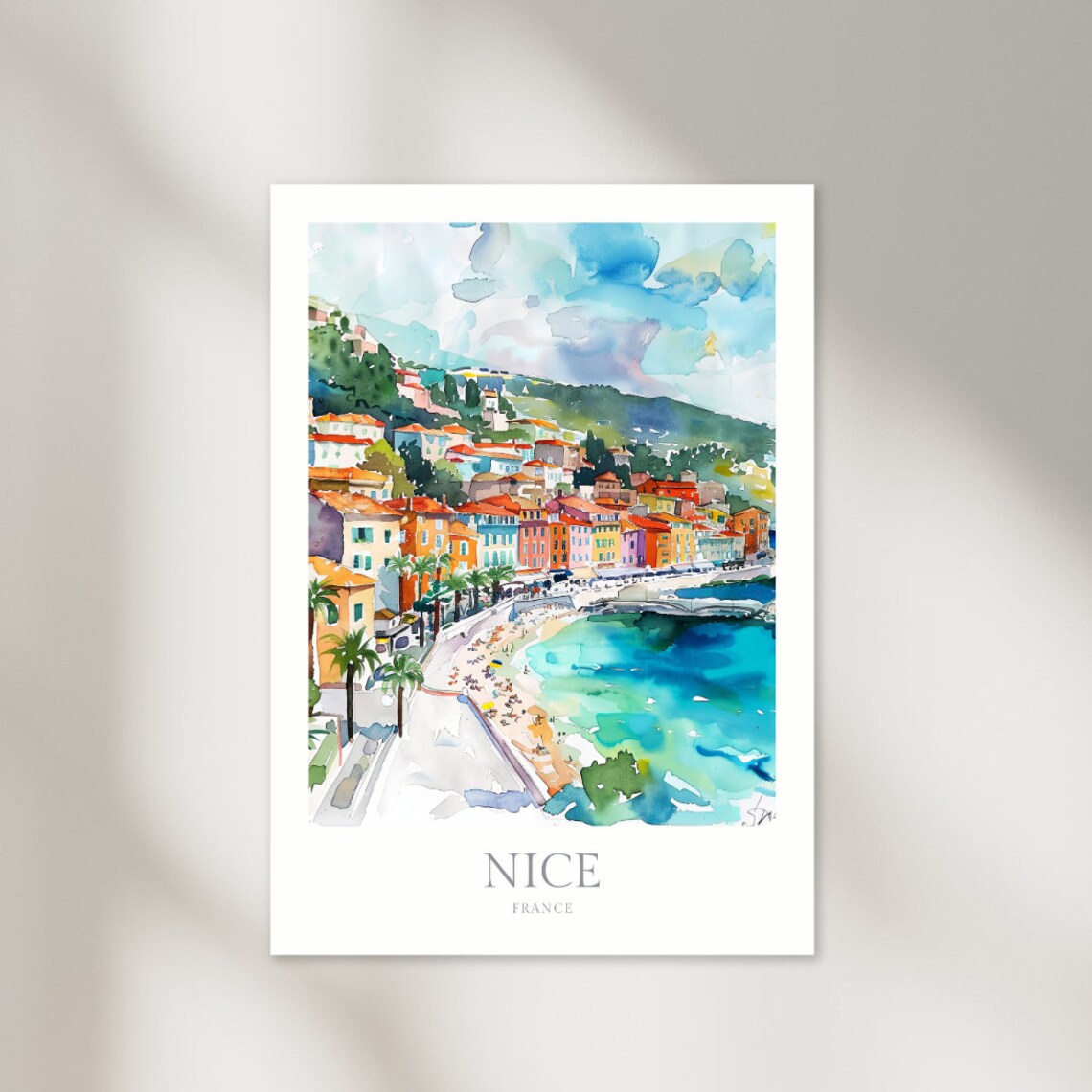 Nice France Watercolor Poster, French Riviera Travel Poster
