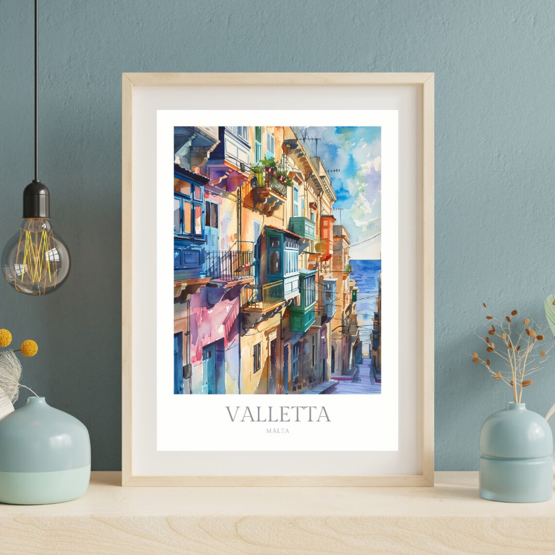 Valletta Malta Colorful Balconies Old Street Seaside Watercolor Poster - Image 2