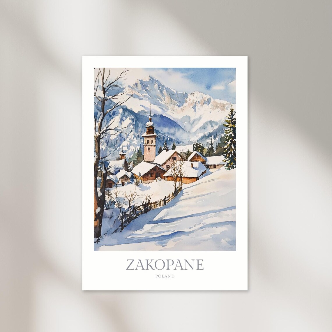 Zakopane Poland Winter Watercolor Snowy Village Mountain Poster