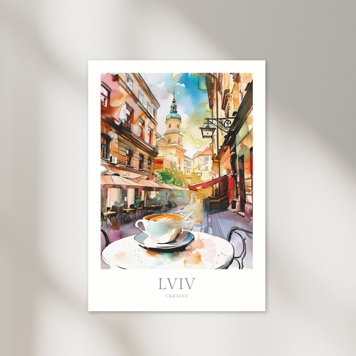 Lviv Ukraine Watercolor Old Town Cafe Cappuccino Street Travel Poster