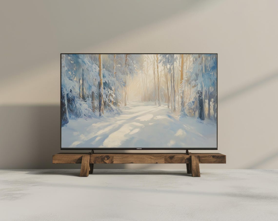 Sunlit Snowy Forest Path Winter Pines Landscape Oil Painting Poster - Image 3