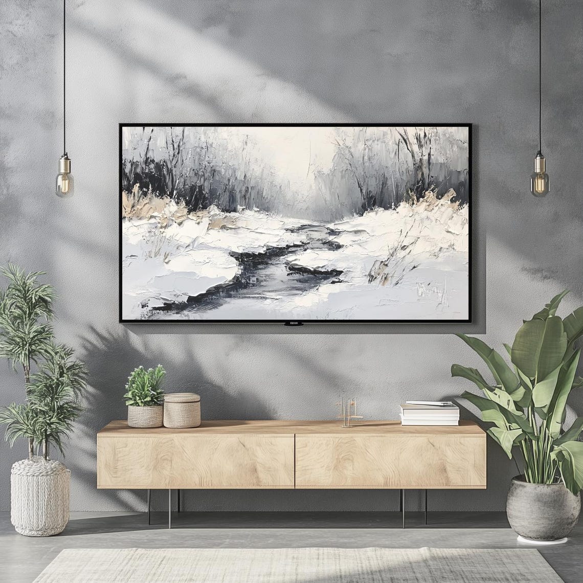 Snowy Winter Stream Textured Impasto Grey Neutral Frame TV Poster - Image 2