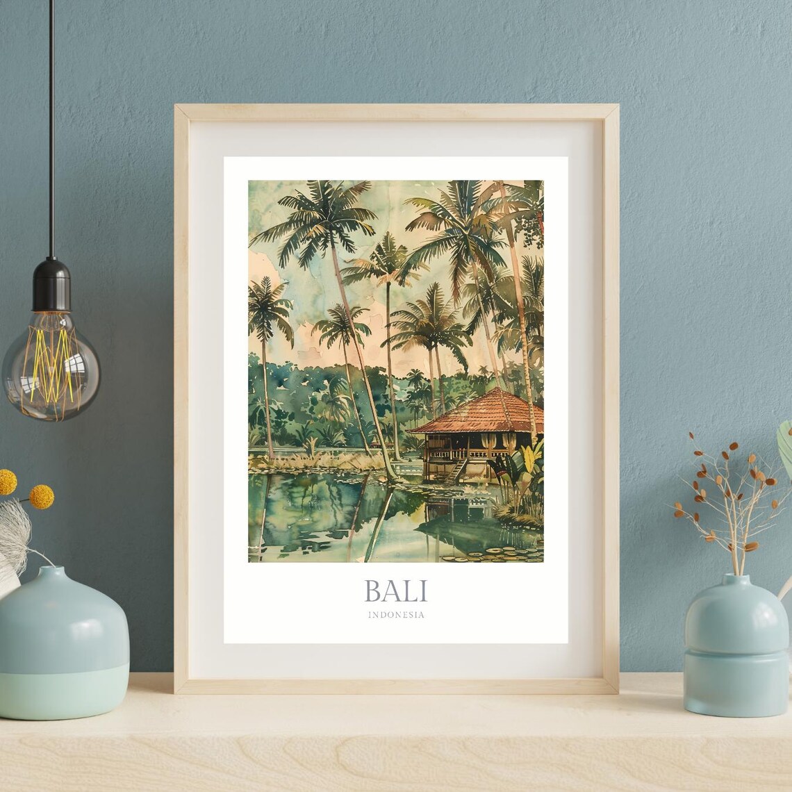 Bali Indonesia Tropical Palm Lagoon Watercolor Travel Art Poster - Image 2