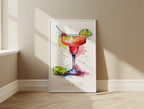 Daiquiri Cocktail Watercolor Lime Cherry Bar Kitchen Decor Poster