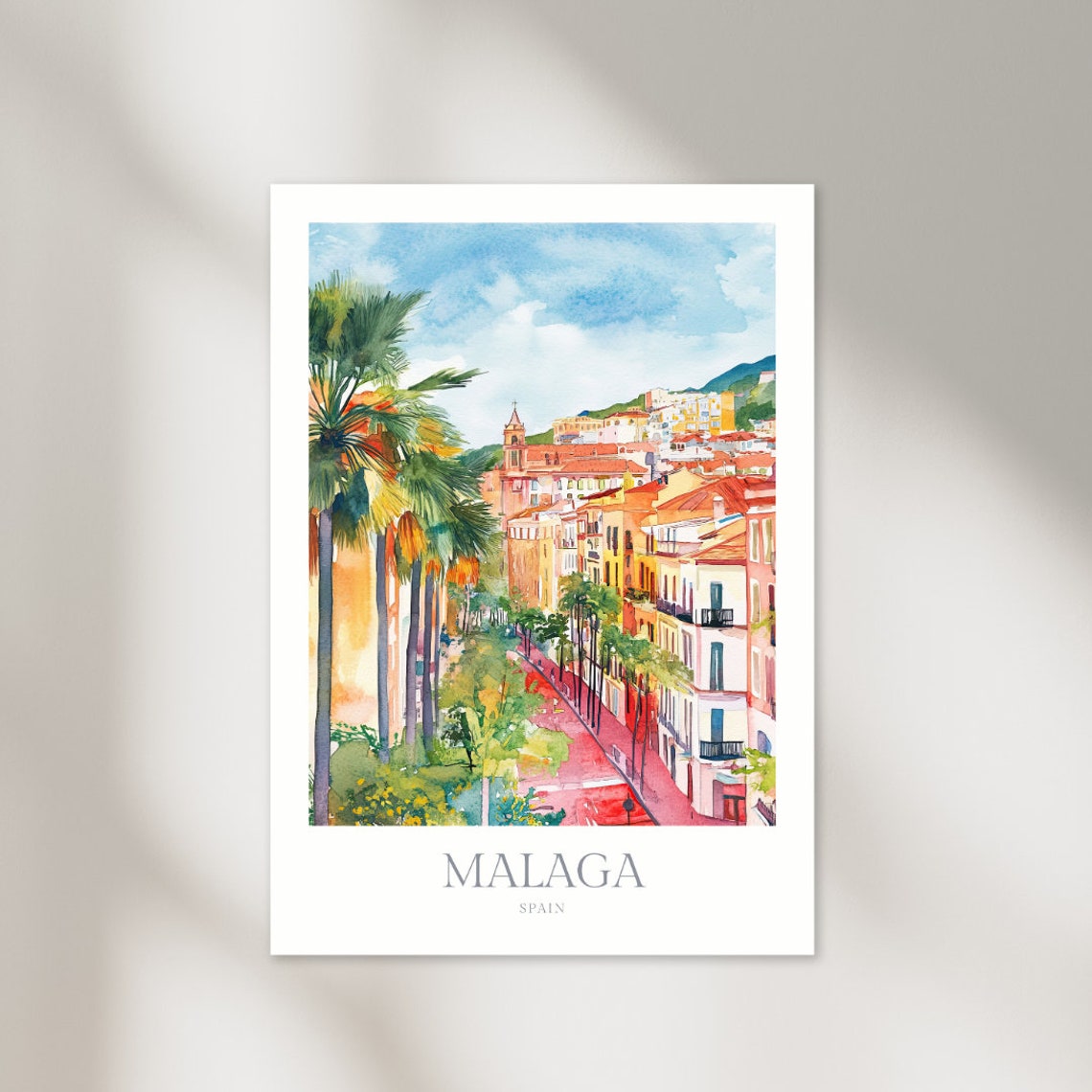 Malaga Spain Sunlit Palm Lined Street Old Town Watercolor Poster