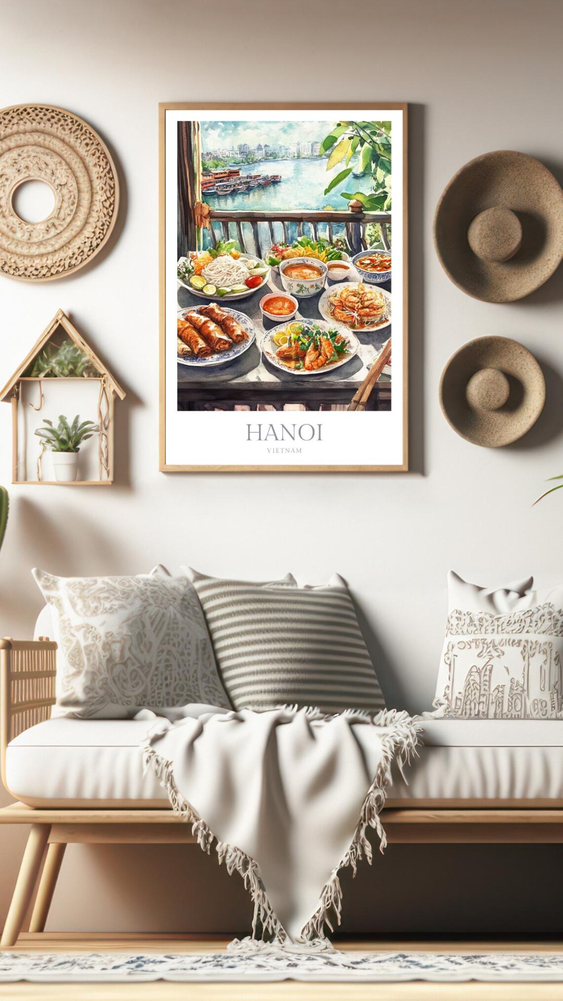 Hanoi Vietnam Food Feast Riverside Balcony Watercolor Travel Poster - Image 2