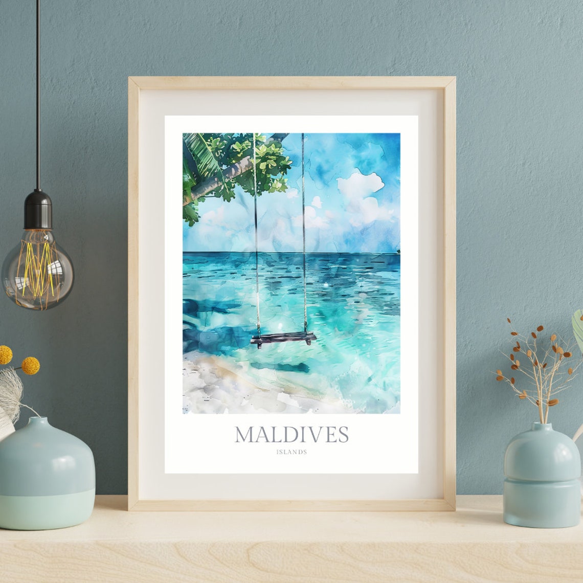 Maldives Islands Ocean Swing Palm Tree Turquoise Watercolor Poster - Image 2
