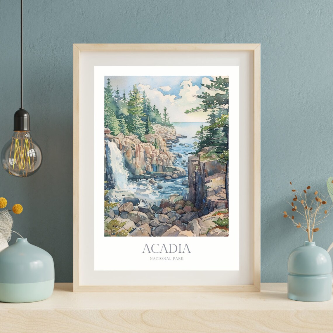 Acadia National Park Rocky Coast Waterfall Watercolor Travel Poster - Image 2