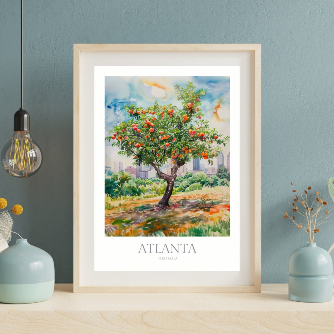 Atlanta Georgia Sunlit Orange Tree City Skyline Watercolor Poster - Image 2