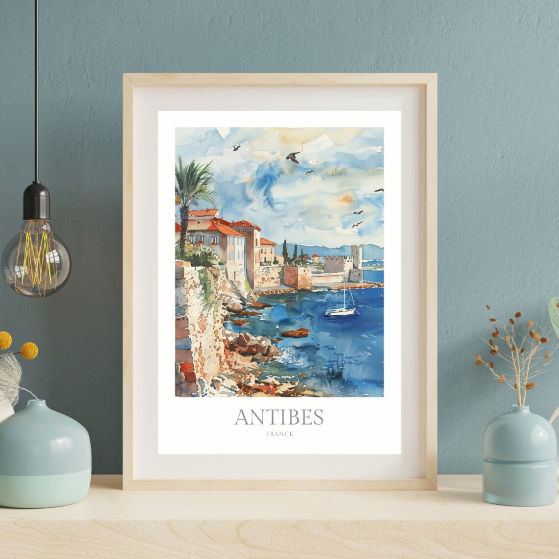 Antibes France Coastal Fort Harbor Sailboat Riviera Watercolor Poster - Image 2