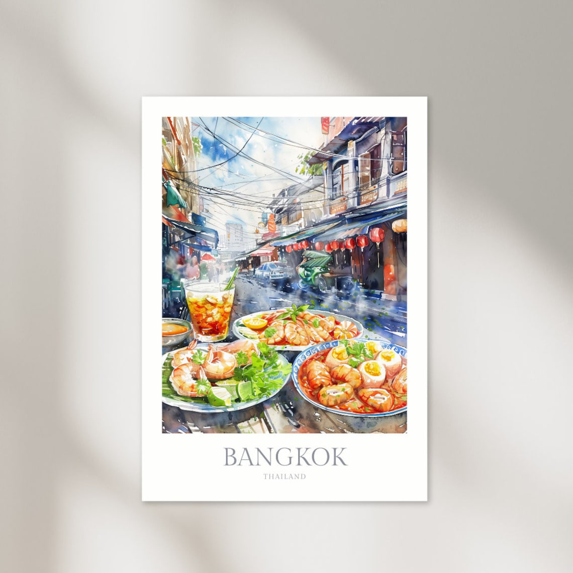 Bangkok Thailand Street Food Tom Yum Shrimp Watercolor Travel Poster