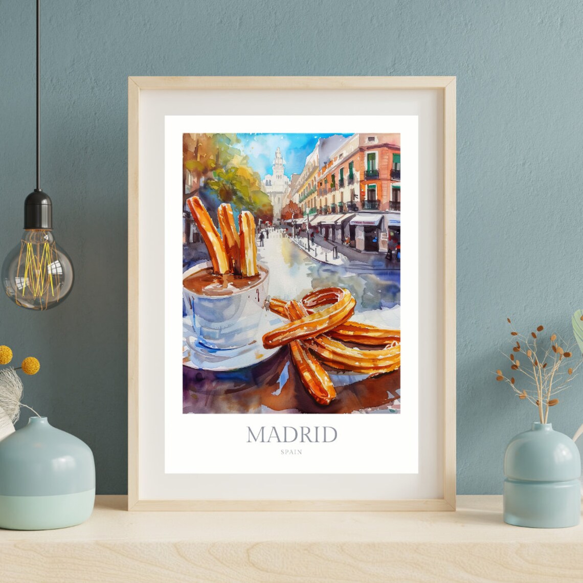 Madrid Spain Churros Hot Chocolate Street Scene Watercolor Poster - Image 2