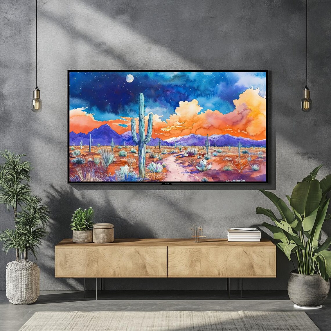 Arizona Sonoran Desert Watercolor Saguaro Cactus Sunset Wall Art