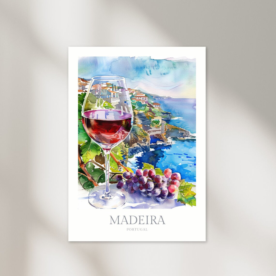 Madeira Portugal Wine Glass Vineyard Coast Grapes Watercolor Poster