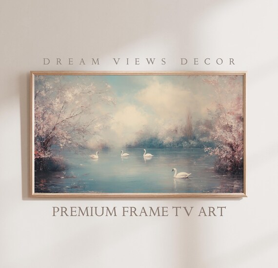 Easter Frame Tv Art Neutral Oil Painting Swans Moody Spring Blossom Decor Spring Frame Tv Art Antique Vintage Decor