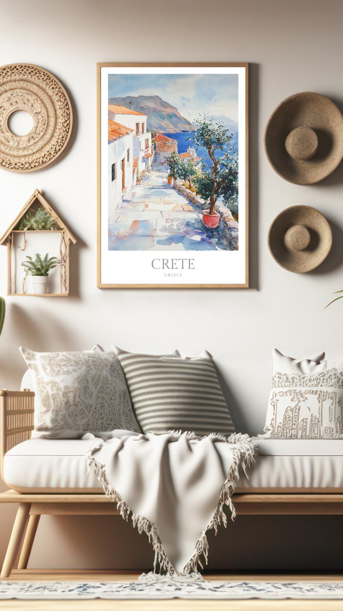 Crete Greece Watercolor Village Island Street Sea View Art Print - Image 2