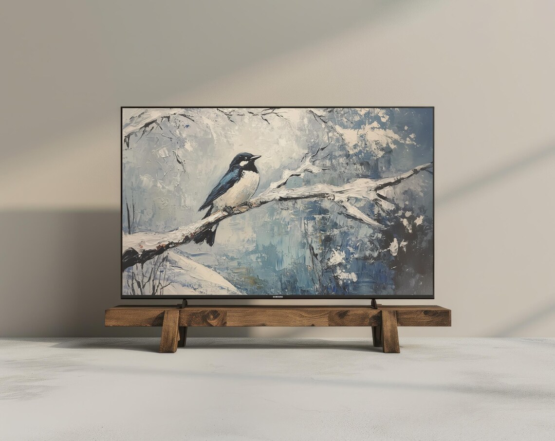 Winter Blue Bird On Snowy Branch Oil Painting Frame Tv Art Print - Image 2