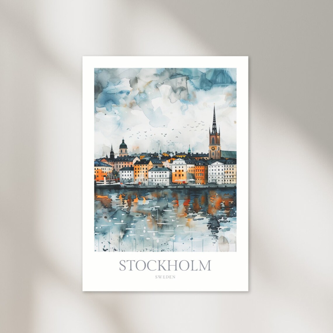 Stockholm Sweden Waterfront Old Town Skyline Watercolor Travel Poster