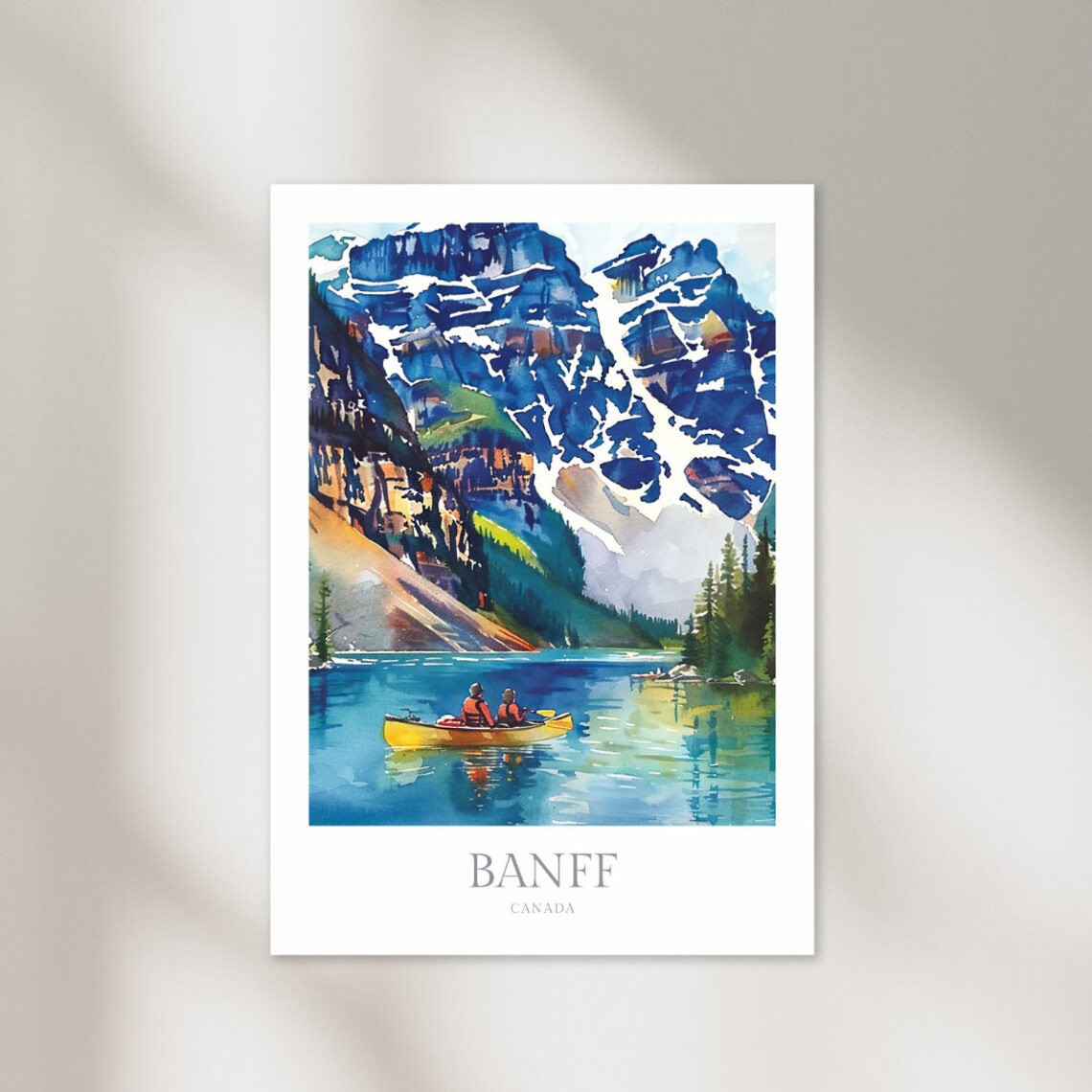 Banff Canada Canoe Turquoise Lake Snowy Peaks Mountain Travel Poster