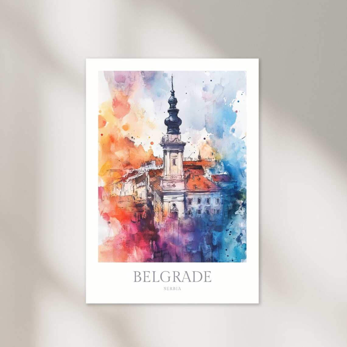 Belgrade Serbia Old Town Church Tower Abstract Watercolor Poster