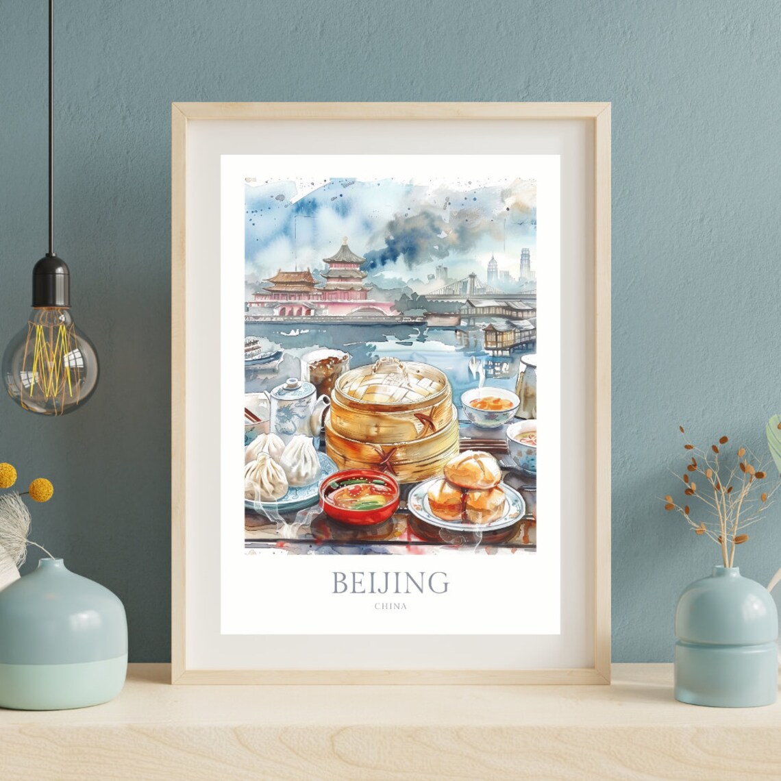 Beijing China Dim Sum Watercolor Pagoda Food Scene Travel Poster - Image 2