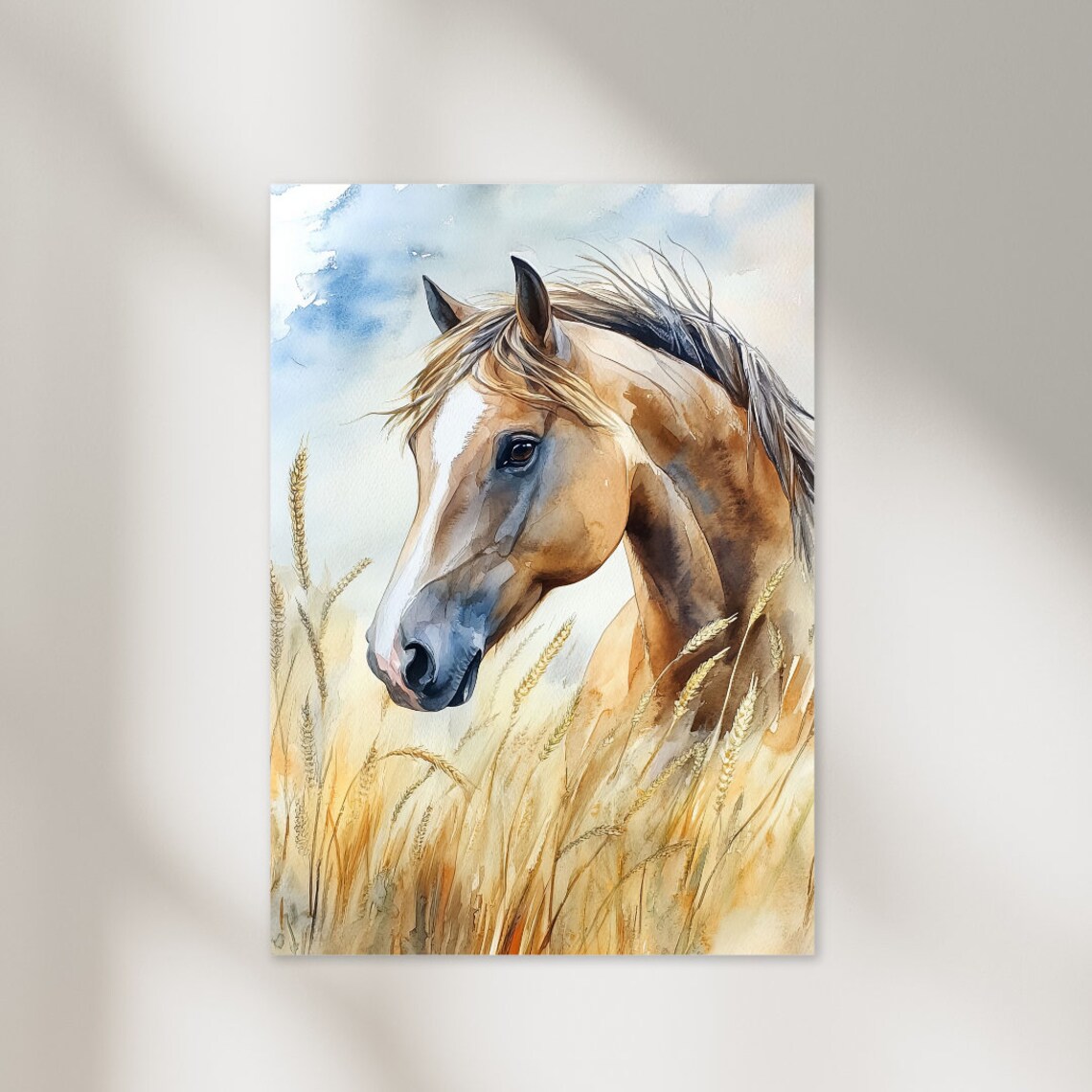 Golden Horse Portrait in Wheat Field Sunset Watercolor Poster