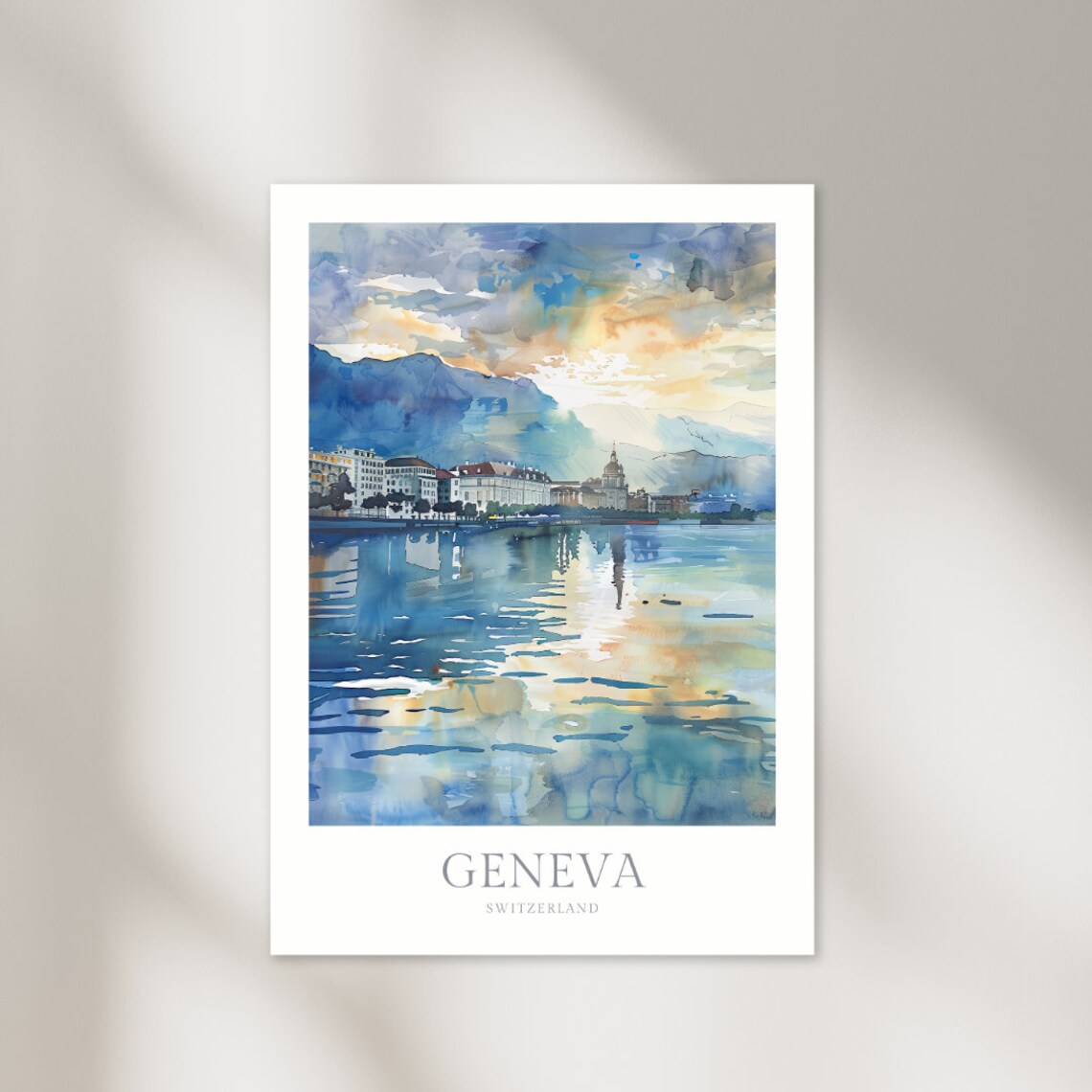 Geneva Switzerland Lake Sunset Blue Watercolor Travel Poster