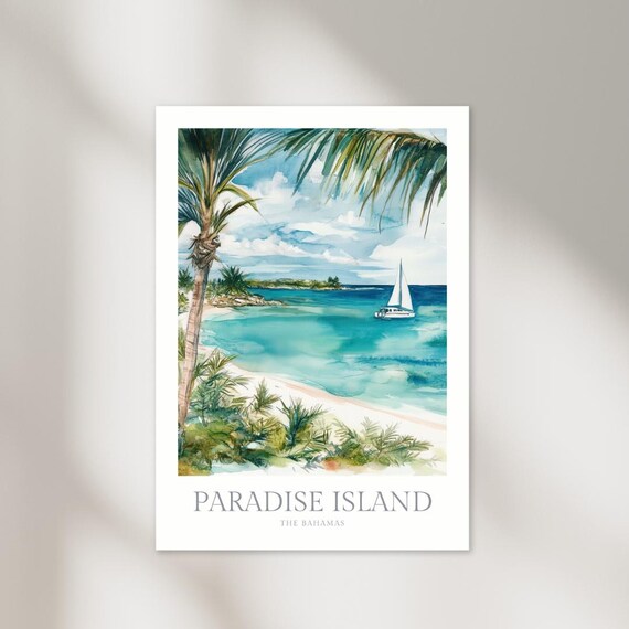 Paradise Island Bahamas Palm Turquoise Cove Sailboat Watercolor Poster