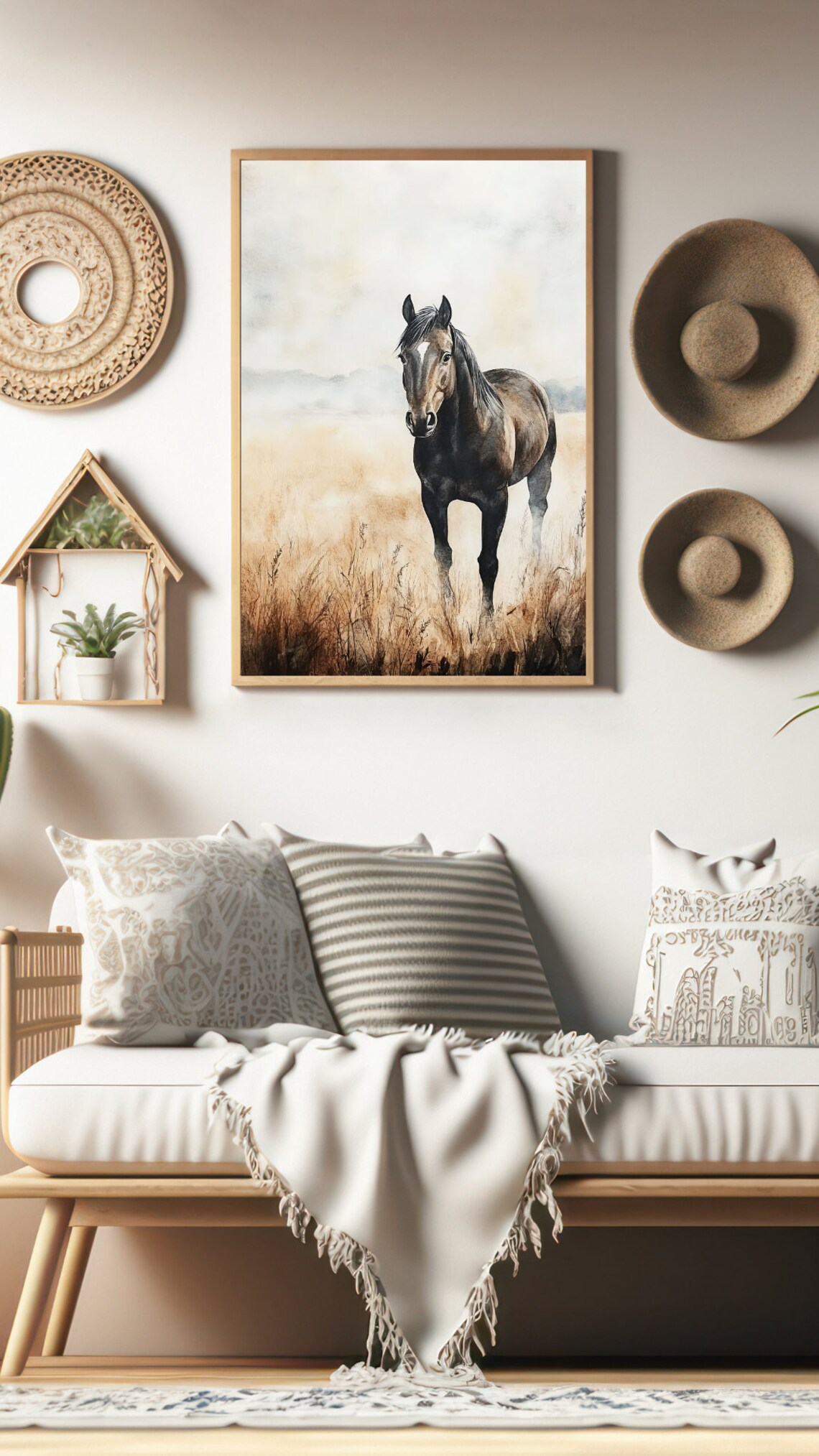 Majestic Black Horse Standing in Golden Field Watercolor Poster - Image 2