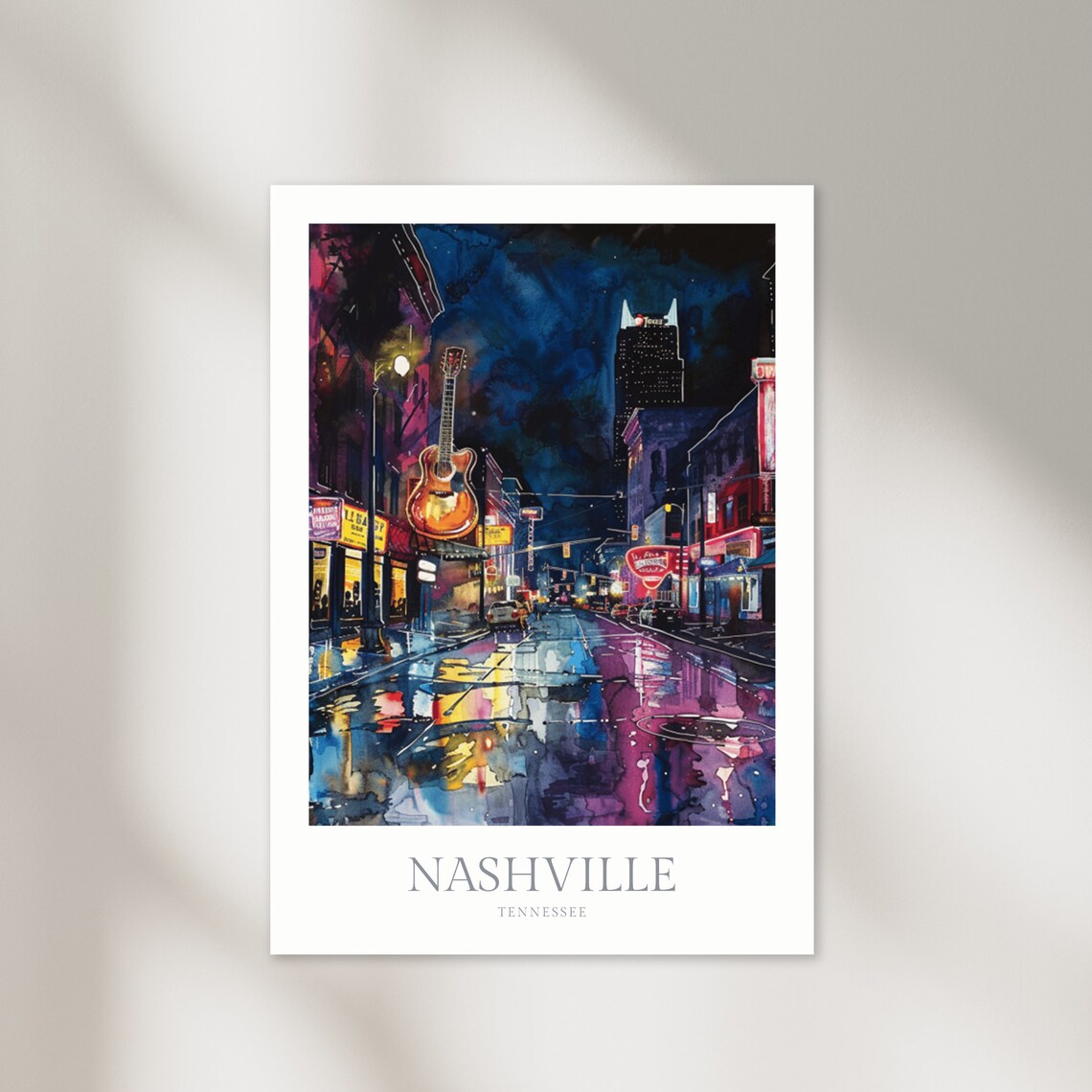 Nashville Tennessee Broadway Neon Guitar Night Music Scene Poster