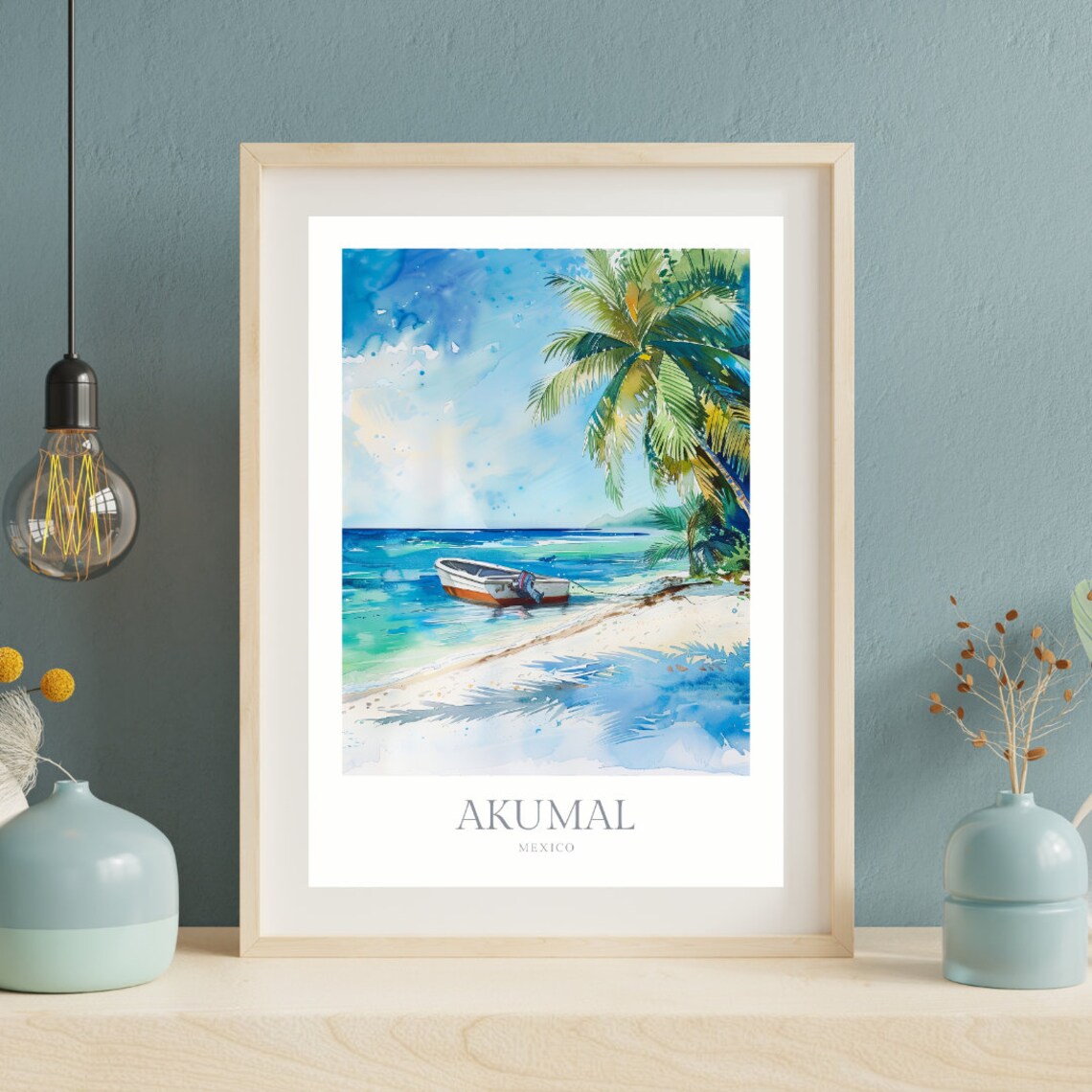 Akumal Mexico Beach Boat Watercolor Tropical Caribbean Style Poster - Image 2